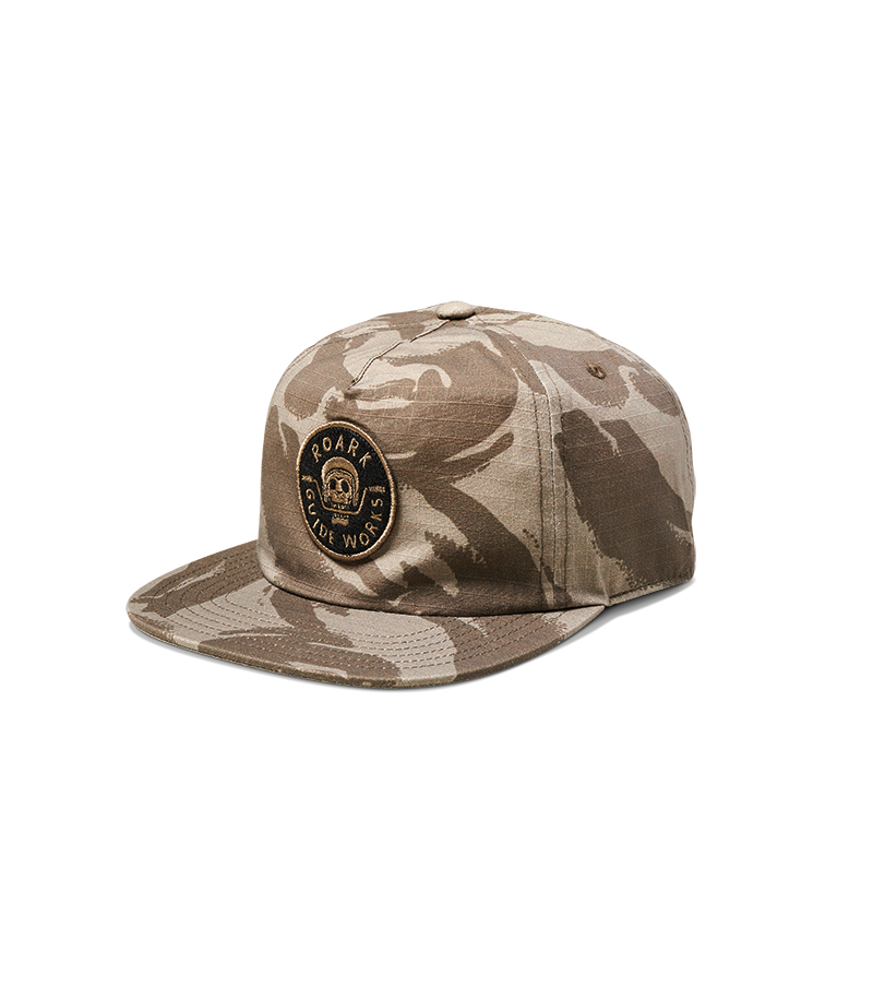 The angled view of the Guideworks Unstructured 5 Panel Hat - Desert Camo Big Image - 2