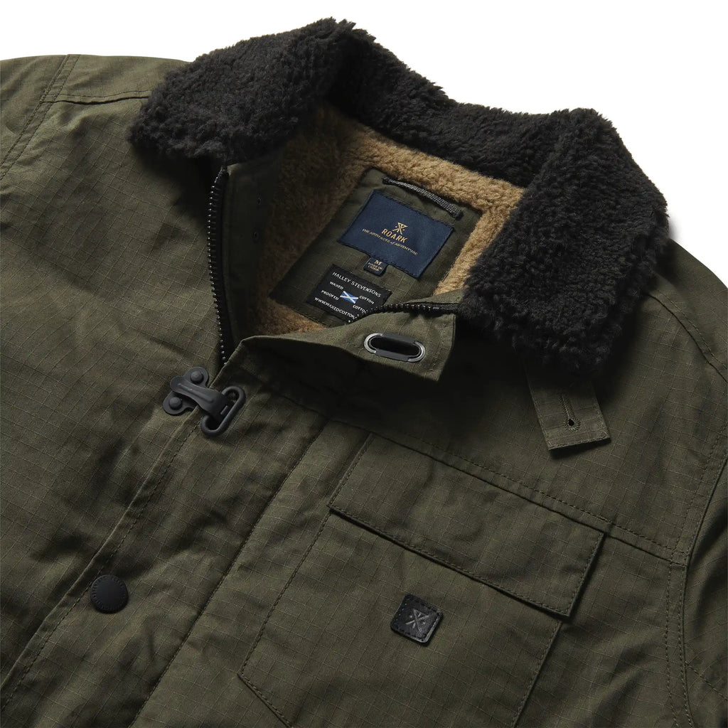 The front, close up  of Roark's Men Outdoors Axeman x Halley Stevensons Dark Military Jacket. Big Image - 9