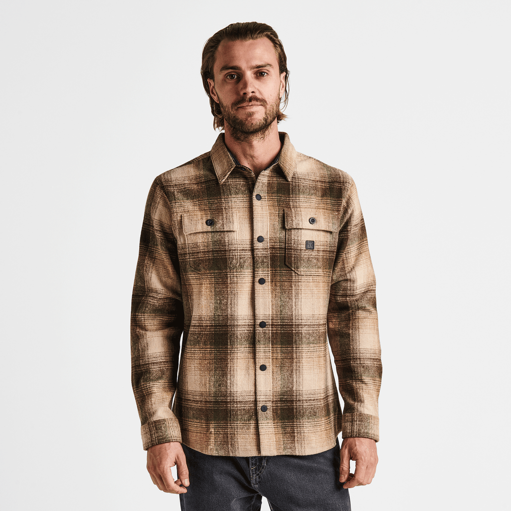 The on body view of Roark's Nordsman Long Sleeve Flannel - Khaki Big Image - 2