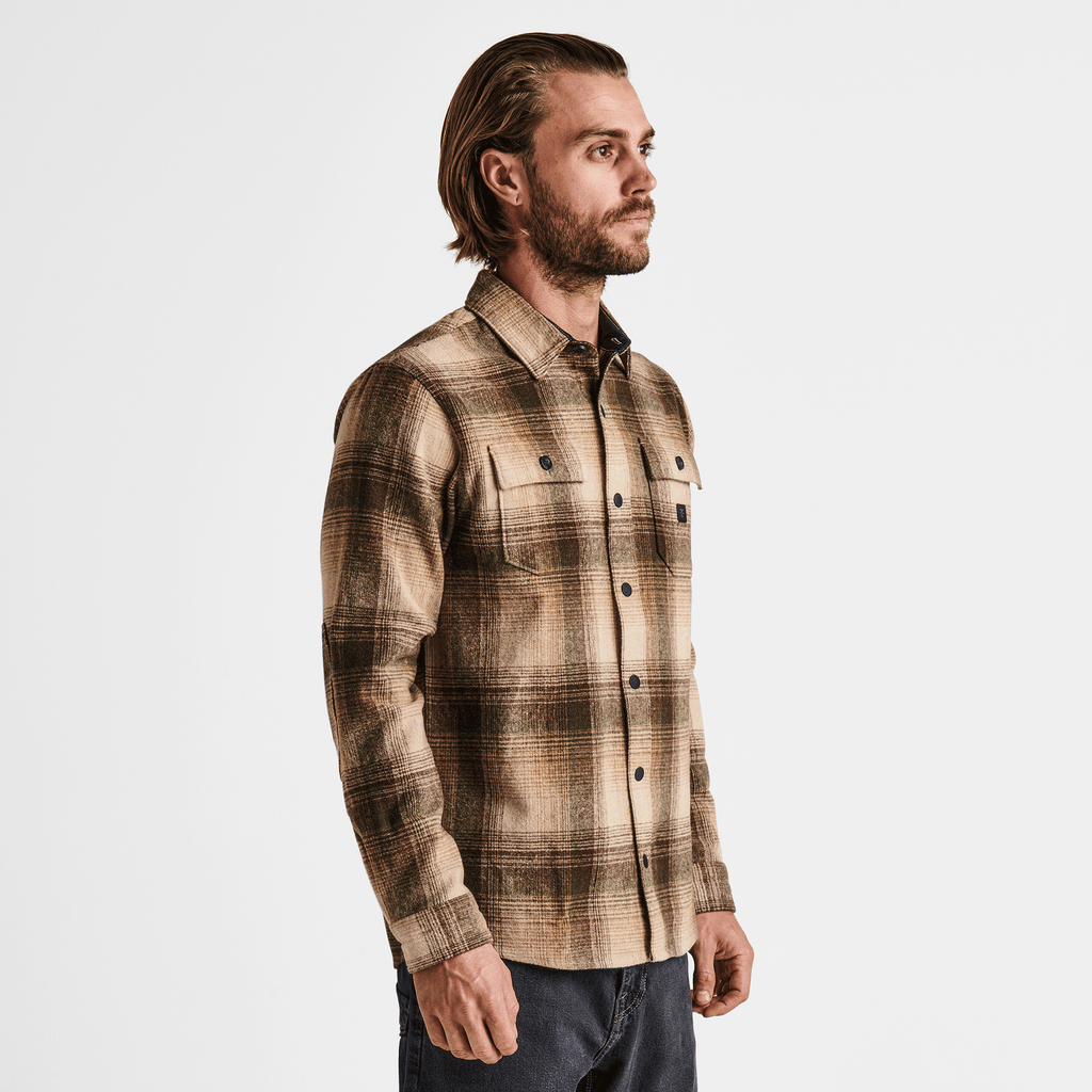 The on body view of Roark's Nordsman Long Sleeve Flannel - Khaki Big Image - 3