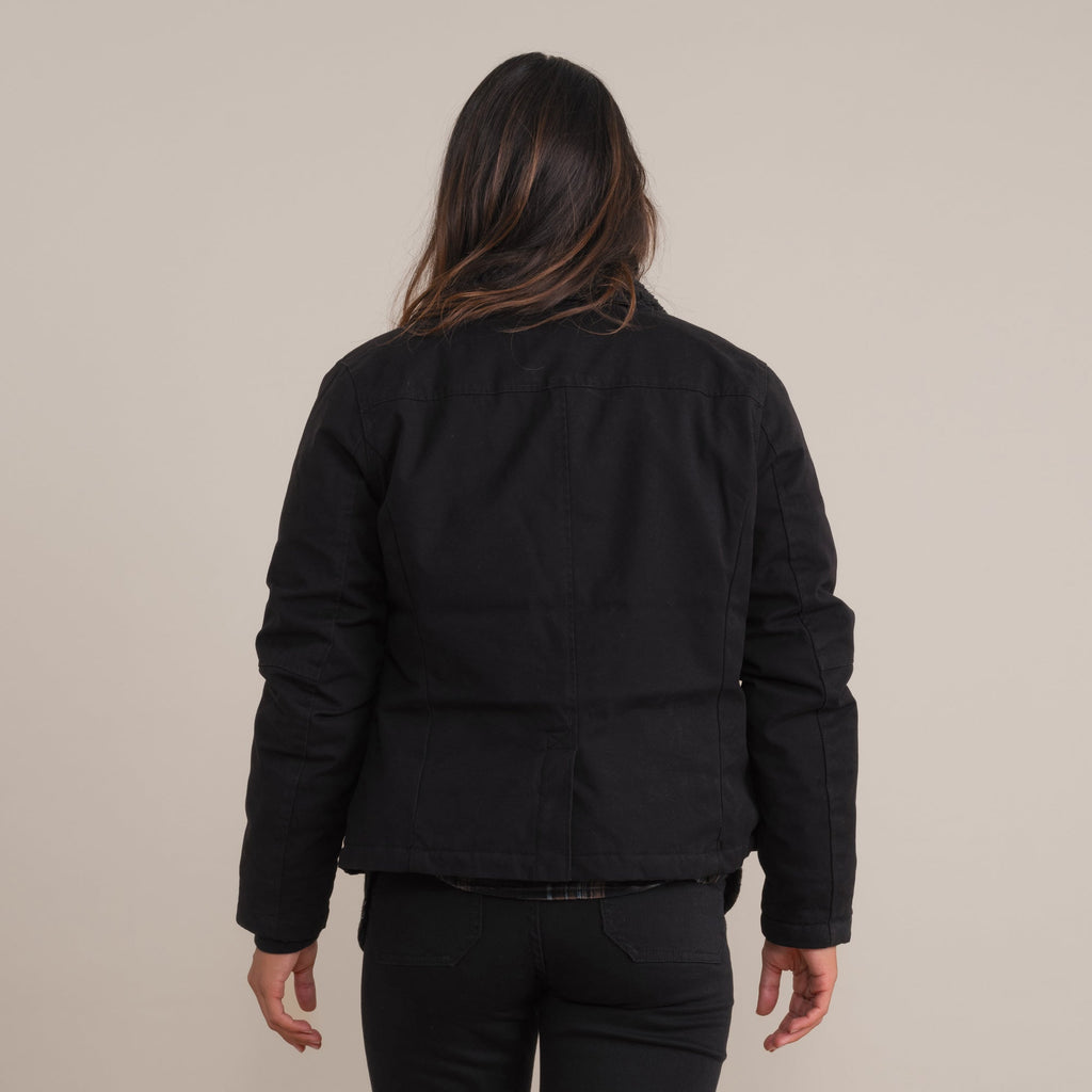 The on body view of Roark's Axeman Jacket in Black for women. Big Image - 6