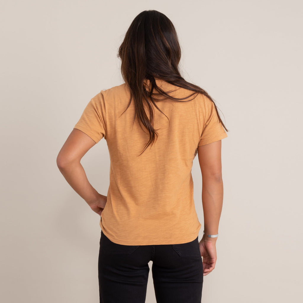 The on body view of Roark's Well Worn Short Sleeve Knit for women. Big Image - 4