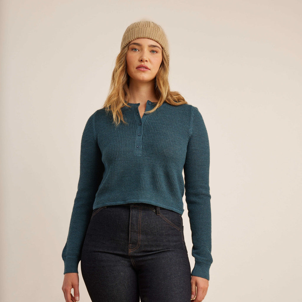 The on body view of Roark women's Well Worn Thermal Long Sleeve Sweater - Deep Blue Big Image - 1