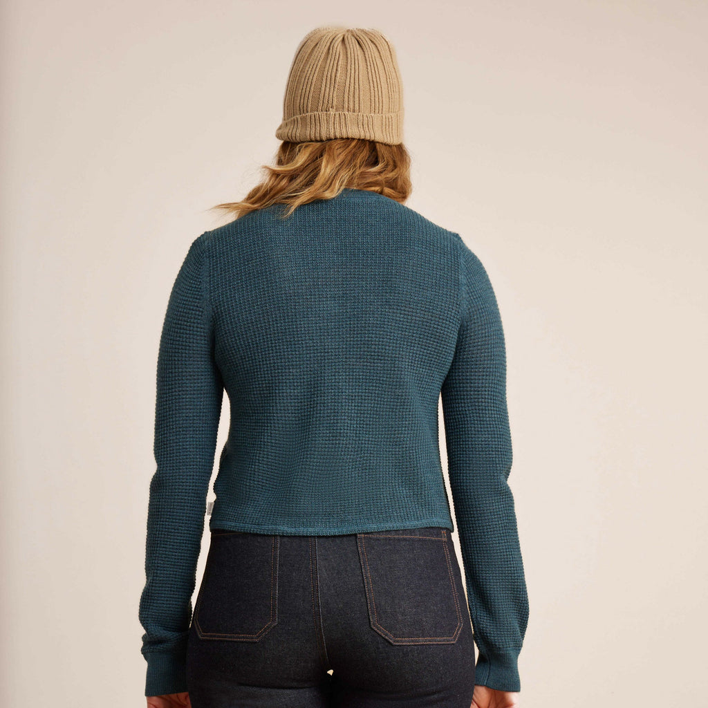 The on body view of Roark women's Well Worn Thermal Long Sleeve Sweater - Deep Blue Big Image - 2