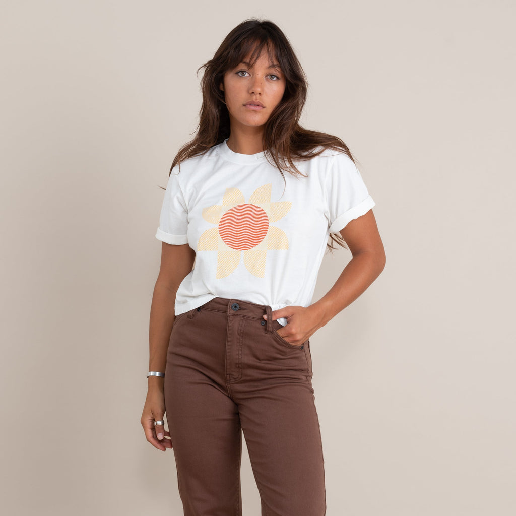 The on body view of Roark's Sun Boxy Crop tee for women. Big Image - 1