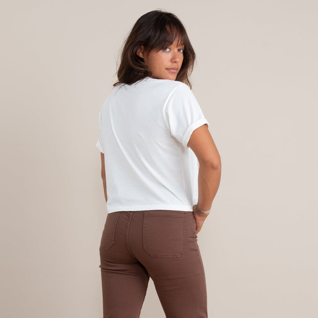 The on body view of Roark's Sun Boxy Crop tee for women. Big Image - 2