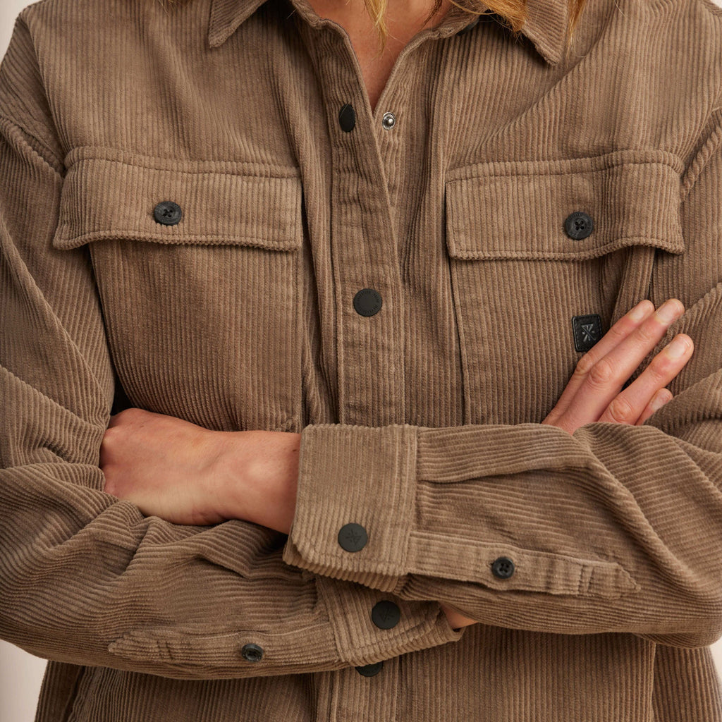 The on body view of Roark women's Amberley Long Sleeve Flannel - Mocha Big Image - 6