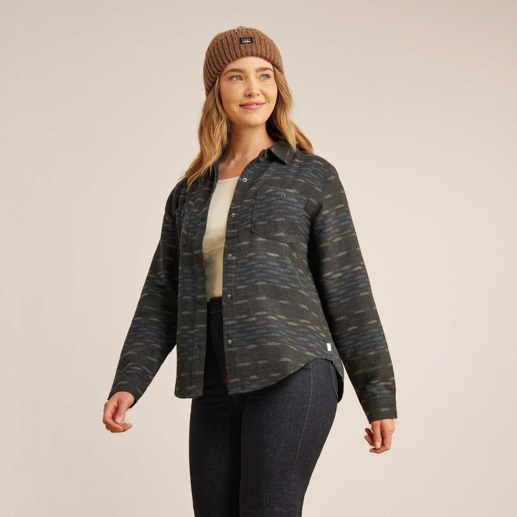 The on model view of Roark women's Alpine Long Sleeve Flannel - Black Pattern Big Image - 4