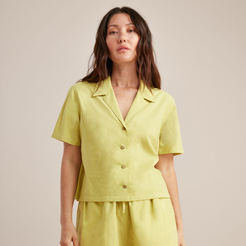 The on body view of Roark women's Idle Button Up Shirt - Lime Big Image - 1
